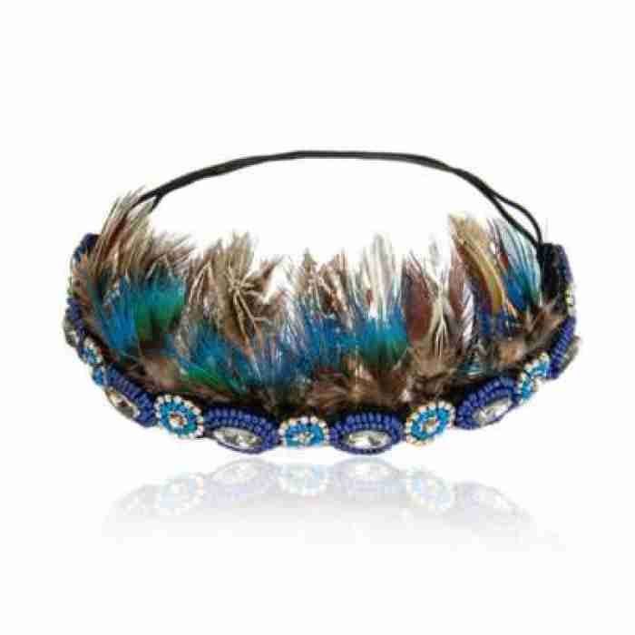 1920 s Flapper Beaded Blue Headband With Peacock Feathers img