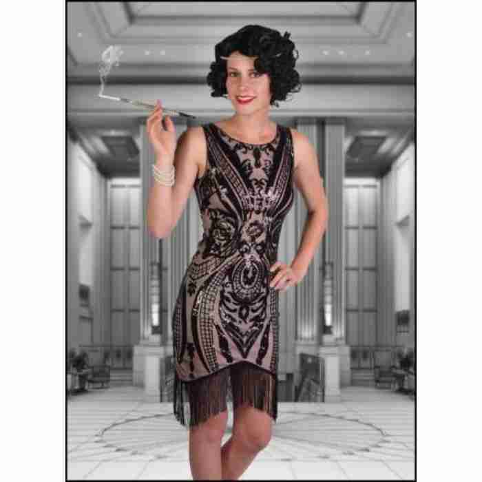 1920s Flapper Sequin Art Deco Dress Black Beige img