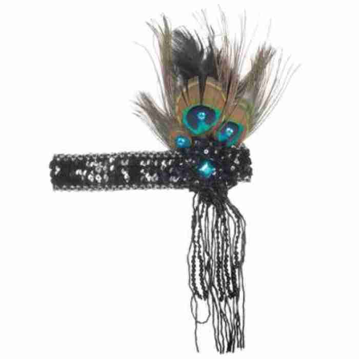 Black Sequin Headband With Peacock Feather img
