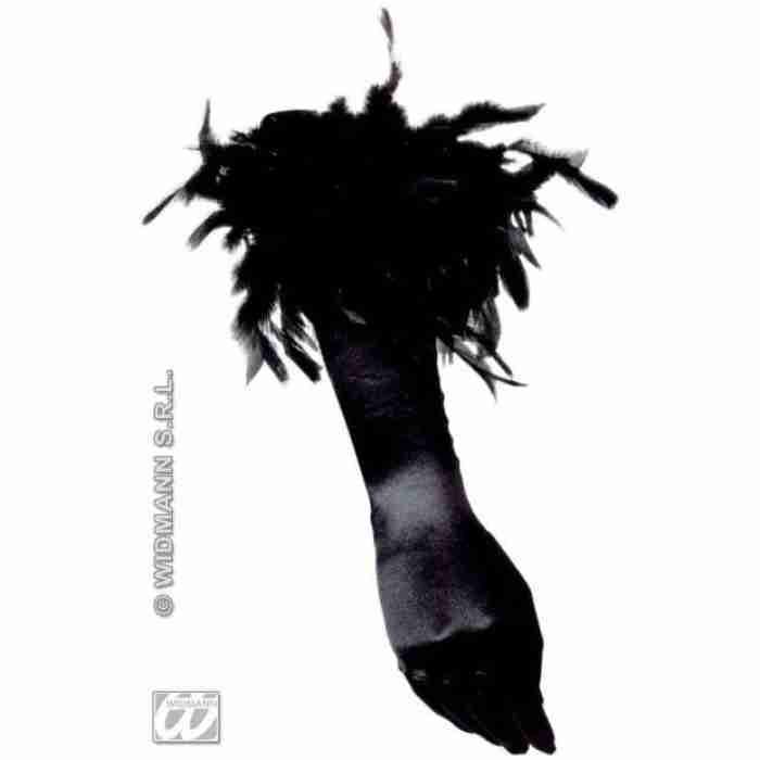 Black Spandex Satin Gloves with Black Feathers 3437R b