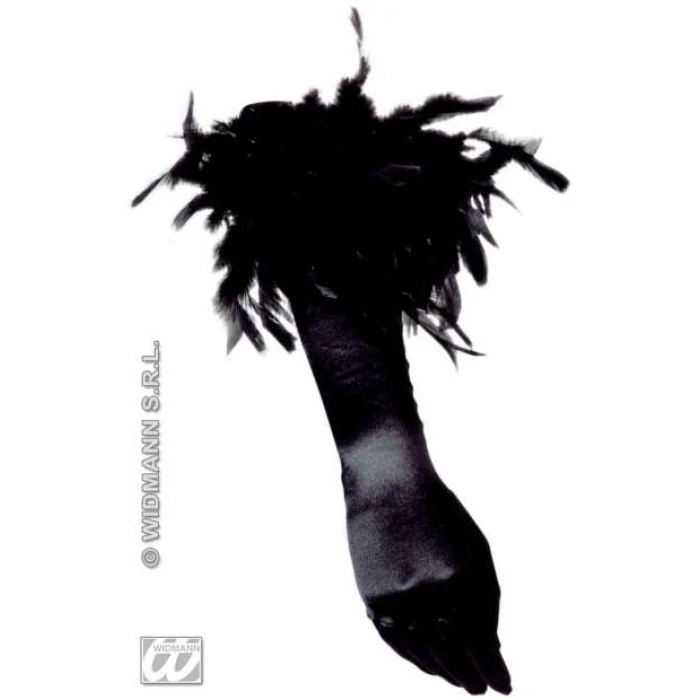 Black Spandex Satin Gloves with Black Feathers - Image 1