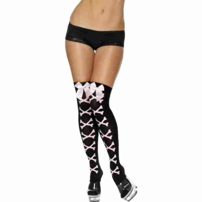 Black Thigh High Stockings with Pink Bones 31831