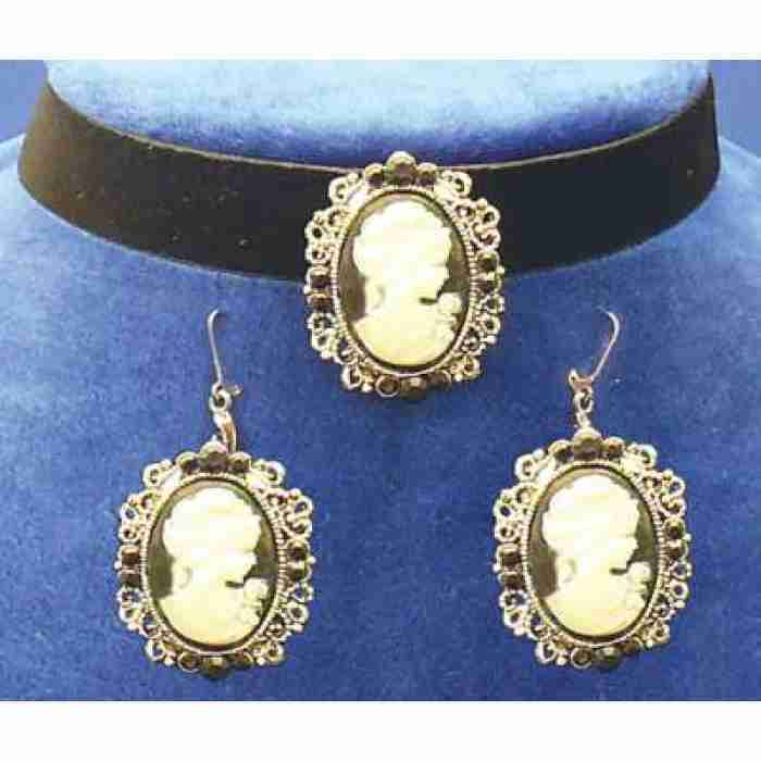 Cameo Necklace Earrings Black img