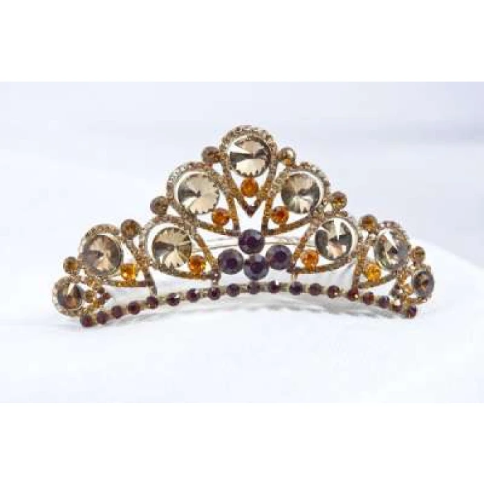 Crown Tiara With Rhinestones - Blue, Orange Rhinestones - Image 1