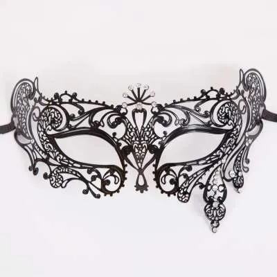 Metal Laser Cut Eye Mask - Black Diamantes shinning Rhinestones