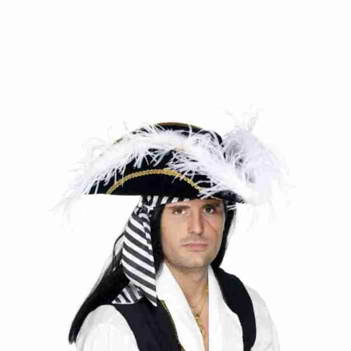 Pirate Captains Hat Black w Feather Trim 31792