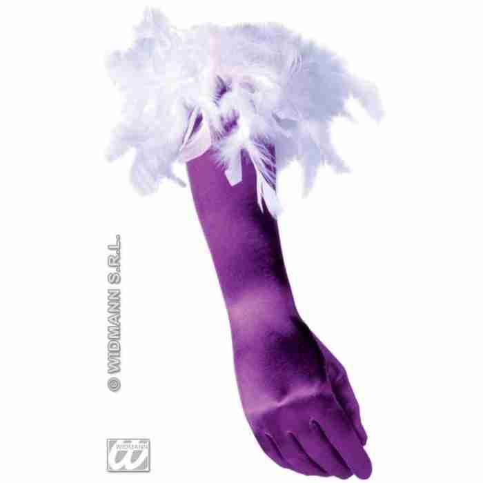 Spandex Satin Gloves with Feathers PurpleWhite 3438AF