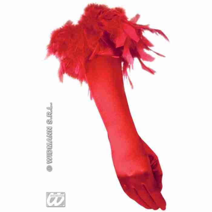 Spandex Satin Gloves with Feathers RedRed 3438AD