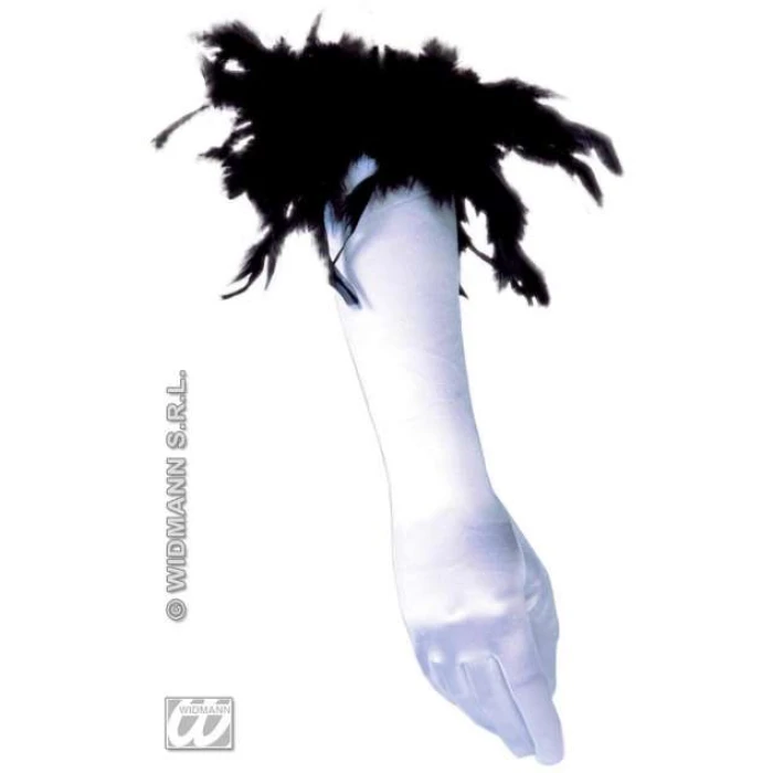 Spandex Satin Gloves with Feathers - White/Black - Image 1