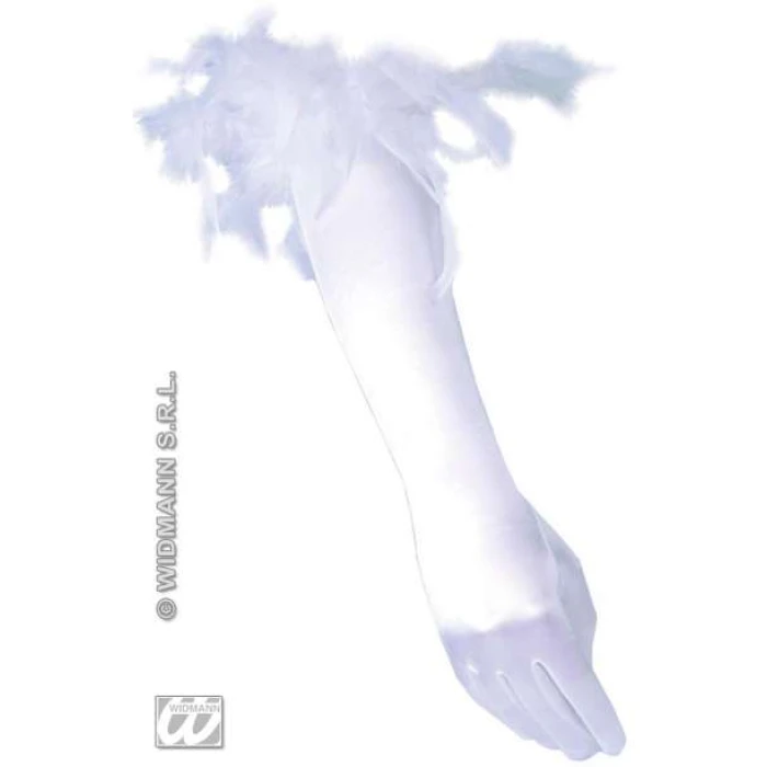 Spandex Satin Gloves with Feathers - White/White - Image 1
