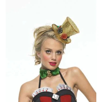 Top Hat - Mini Gold Glitter w/ Bow & Dice Applique