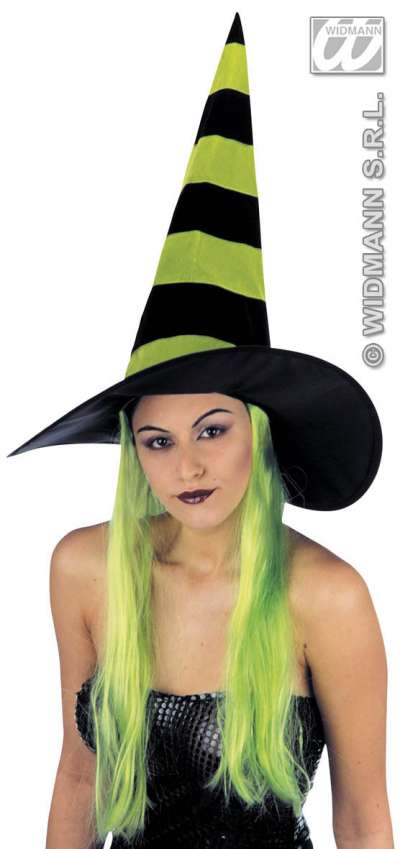 Velvet Witch Hat With Hair Green 8483B