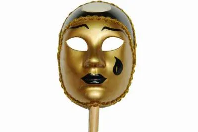 Venetian Full Face Mask w/ Stick - Gold