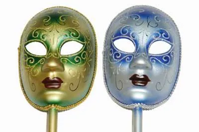 Venetian Full Face Mask w/ Stick - Gold/Green or White/Blue