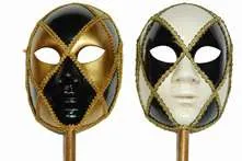 Venetian Full Face Mask w/ Stick - Black/Gold, Black/White.