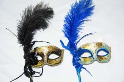 Venetian Mask w/ Long Feathers - Black/Blue