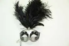 Venetian Mask w/ Stick - Black/Silver