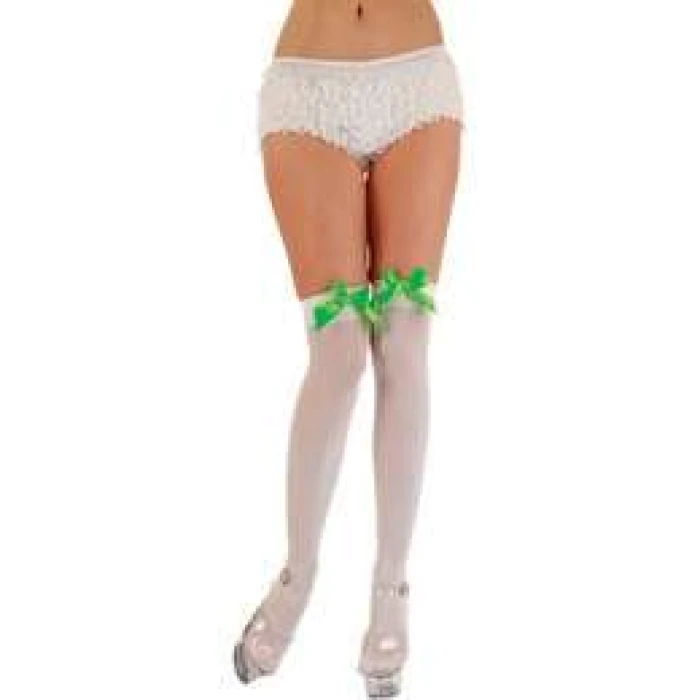 White Thigh Highs w/ Green Satin Bow - Image 1