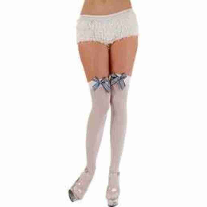 White Thigh Highs w Navy White Stripe Bow ts7058