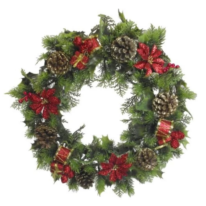 18 INCH PLASTIC HOLLY WREATH WITH POINSETTIAS AND DRUMS RED - Image 1