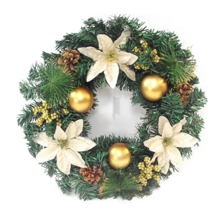 52cm LARGE WREATH WITH VELVET POINSETTIAS WHITE CONES BAUBLES AND TARTAN BOWS RED/WHITE - Image 1