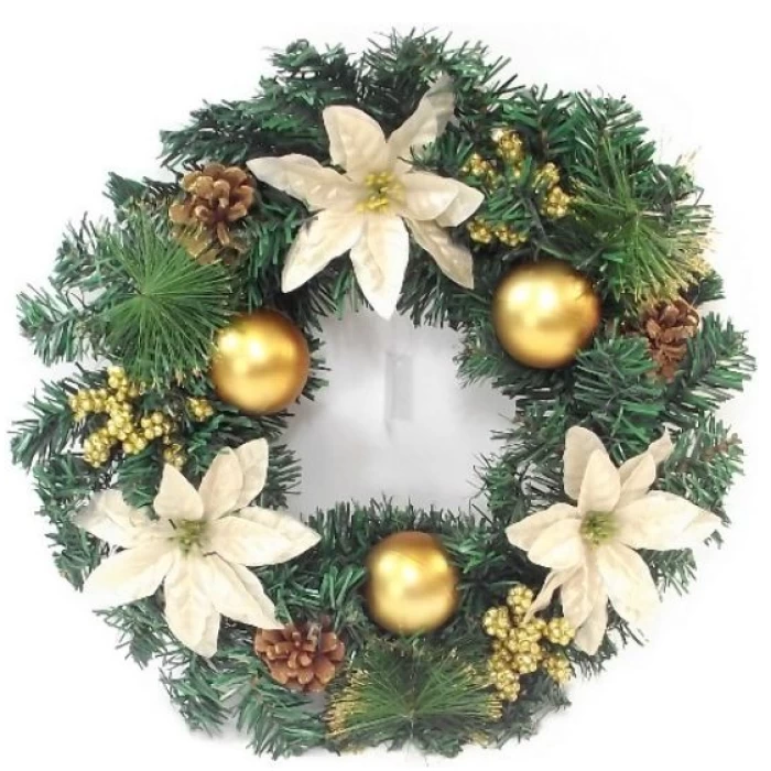 40cm (16 INCH) SPRUCE/PINE WREATH WITH POINSETTIAS BAUBLES CONES AND BERRIES IVORY/GOLD - Image 1