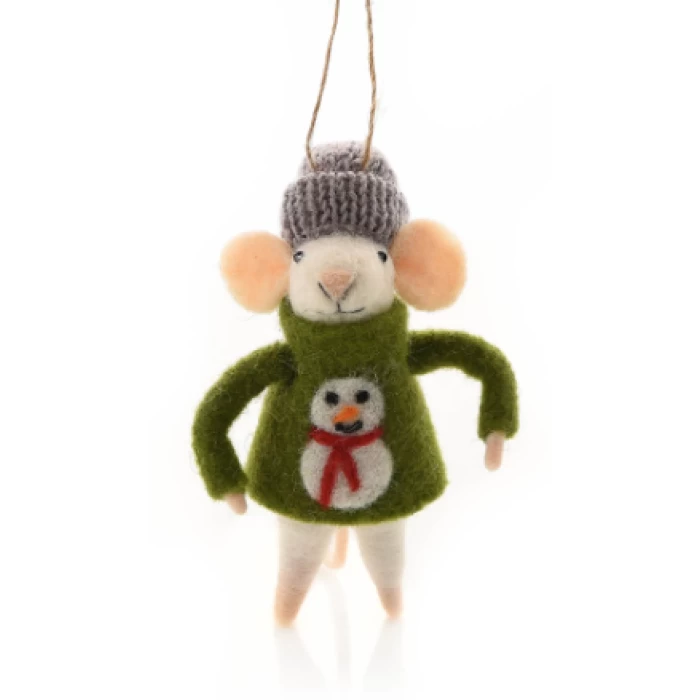 MOUSE IN GREEN CHRISTMAS JUMPER HANGING DECORATION - Image 1