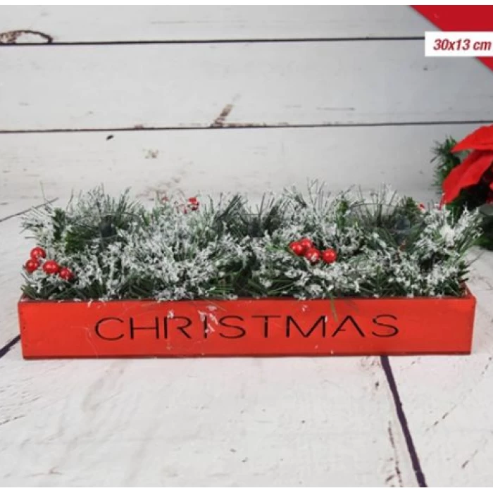 30cm WOODEN/GLASS CANDLE HOLDER WITH CHRISTMAS DECO RED - Image 1