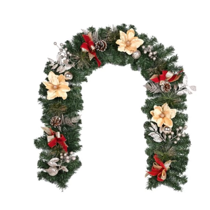 183cm (72 INCH) MAGNOLIA BAUBLE AND FOLIAGE GARLAND WITH BOWS CHAMPAGNE/BURGUNDY - Image 1