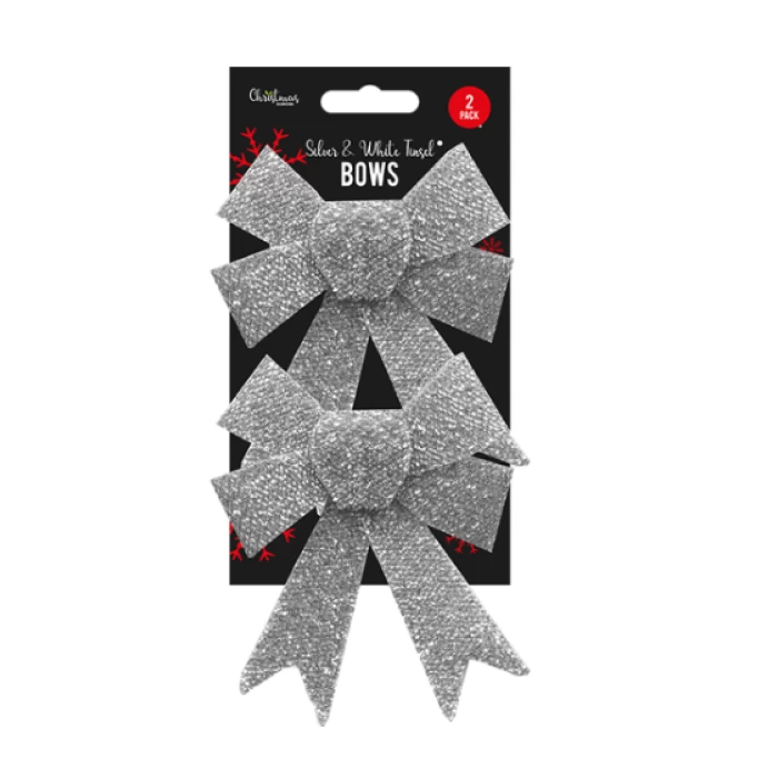 Silver & White Tinsel Bows – 3 Pack-Each - Image 1
