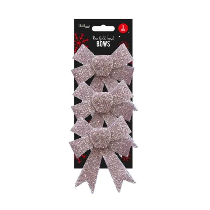 Rose Gold Tinsel Bows - 3 Pack - Image 1