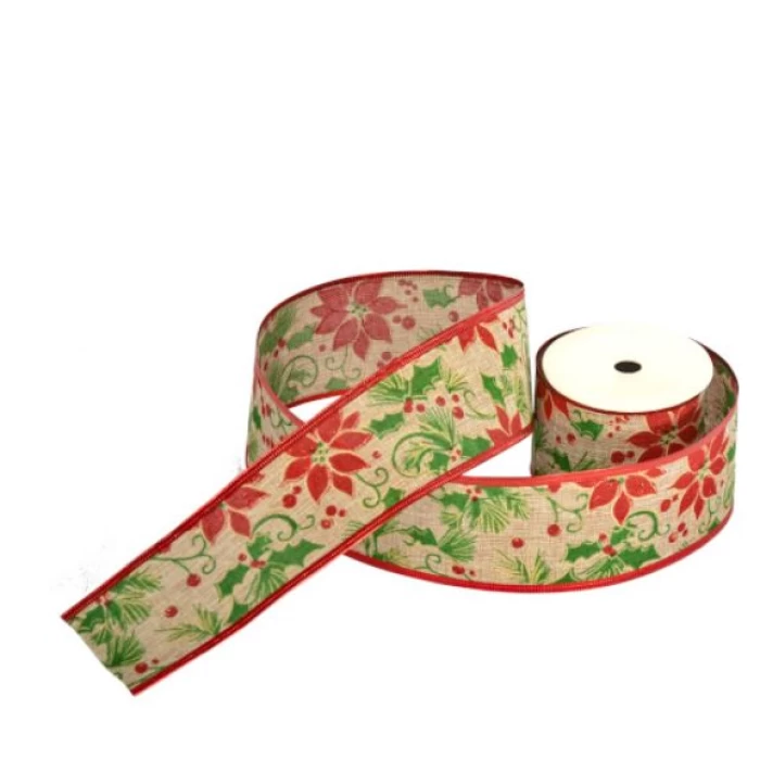 63mm CHRISTMAS BURLAP WIRED EDGE RIBBON X 10yds POINSETTIAS NAT/RED/GREEN - Image 1