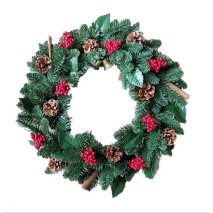 50cm (20 INCH) CHRISTMAS SPRUCE WREATH WITH CINNAMON BELLS CONES AND BERRIES GREEN/NAT/RED - Image 1