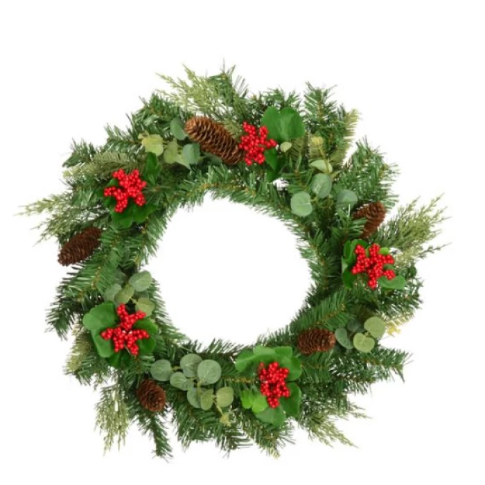 60cm (24 INCH) CHRISTMAS SPRUCE WREATH WITH BERRIES CONES AND EUCALYPTUS GREEN/RED - Image 1