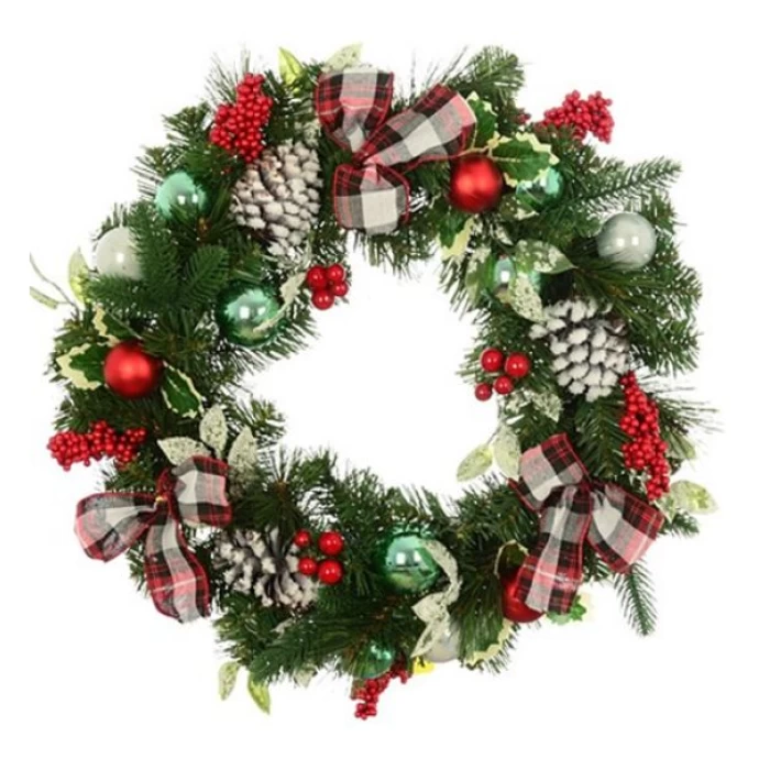50cm (20 INCH) CHRISTMAS SPRUCE WREATH WITH SNOW CONES BERRIES AND BAUBLES RED/GREEN - Image 1