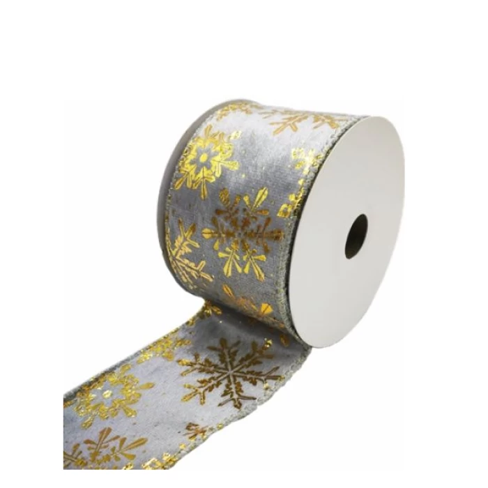 FABRIC WIRED EDGE CHRISTMAS RIBBON 63mm X 10yds SNOWFLAKE GREY/GOLD - Image 1