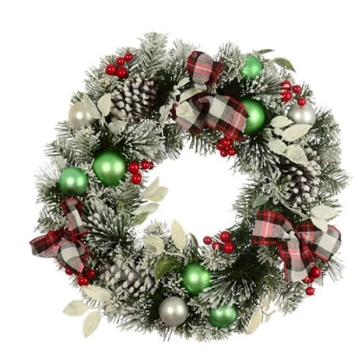 50cm (20 INCH) SNOWY CHRISTMAS SPRUCE WREATH WITH CONES BERRIES AND BAUBLES WHITE/RED/GREEN - Image 1