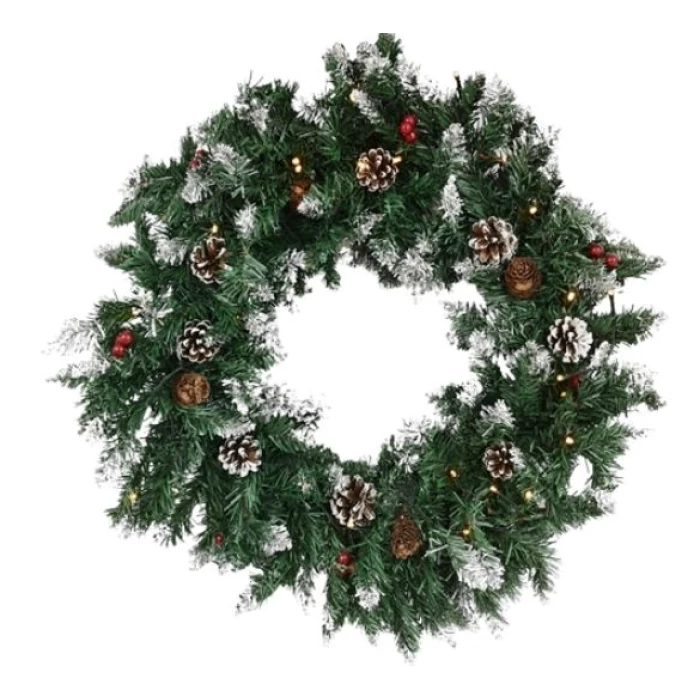 50cm (20 INCH) FROSTED BERRY AND CONE WREATH WITH LED LIGHTS - Image 1