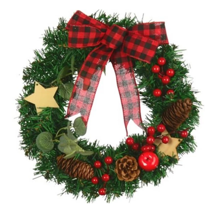 30cm (12 INCH) CHRISTMAS WREATH WITH BOW STARS CONES AND BERRIES GREEN/RED - Image 1
