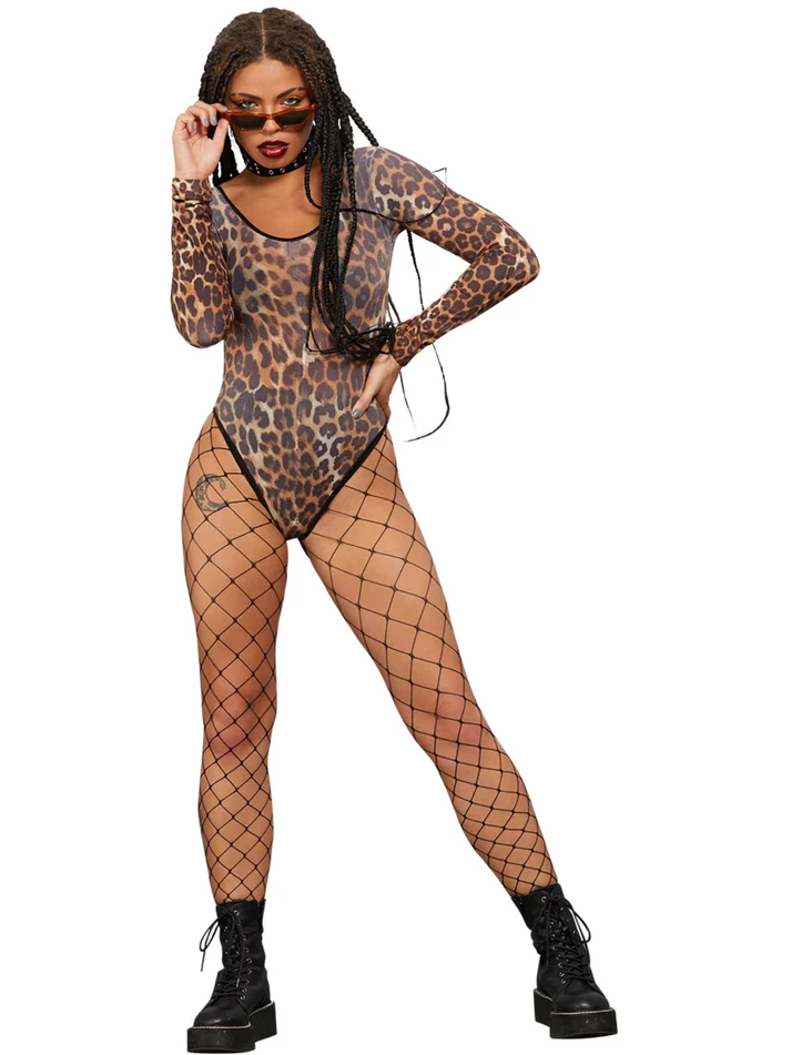 Fever Cheetah High Rise Bodysuit Long Sleeve Animal Print Leotard Festival Costume main image 1